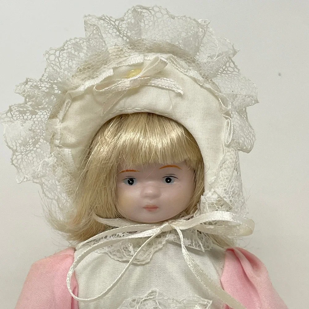 Vintage Porcelain Doll Pink Lace Victorian Dress Blonde Hair Collectible 9 Inch